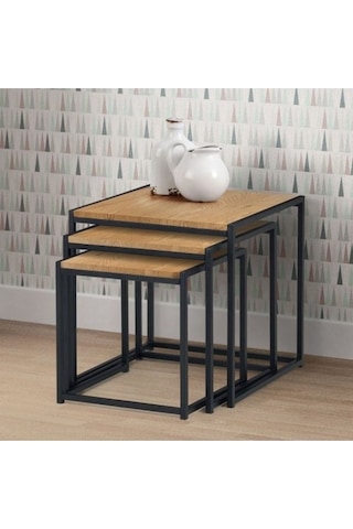 Chev 3'lü Retro Metal Doğal Ahşap Zigon Sehpa Siyah