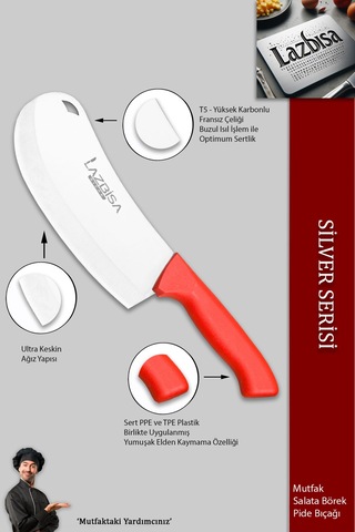Lazbisa MFT-525 Silver Serisi Pide Börek Bıçağı Mutfak Bıçak Salata Pizza Bıçağı Kırmızı