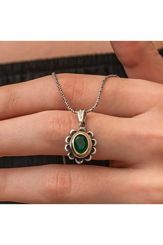 Gümüş Yeşil Çiçek Desenli Otantik Kadın Set Gümüş