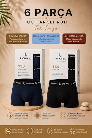 Ertaş Trend Store Erkek Likralı Pamuklu Nefes Alan Penye 6 Adet Boxer - Lacivert & Siyah Çoklu Renk