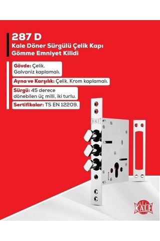 Kale 287d Döner Sürgülü Plus Çelik Kapı Emniyet Kilidi Mandallı German Barelli