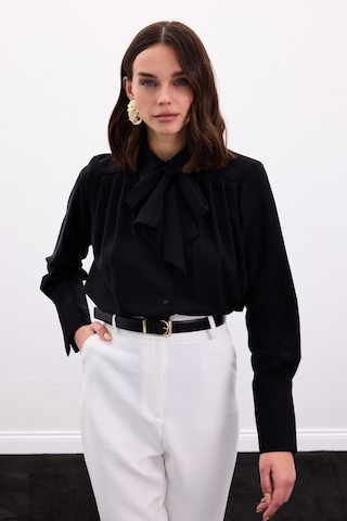 Sateen Fularlı Gömlek - Siyah-136899 Siyah