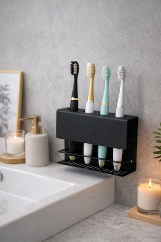 Metal Diş Fırçalık Siyah 4 Bölmeli Duvara Monte Diş Fırçası Tutucu Banyo Organizer