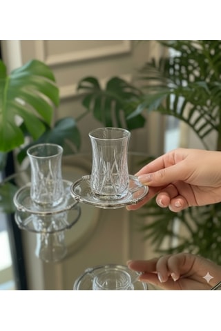 12 Parça 6 Kişilik Kristal Kesim Cam Çay Takımı Bardak Ve Tabak Seti Beyaz