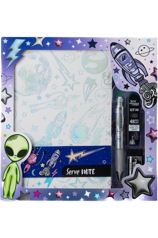 Serve Defter Seti Uzay Serisi Beyaz Kutulu Svntsetuzybyz Uzay Temalı Defter, 0.7 Mm Mekanik Kalem, 48 Li Yedek Uç, Silgi Çok Renkli