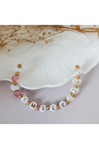 Makrome Örme Smile Yazılı Sedef & Gül Kuvars Doğal Taş & İncili Kadın Bileklik & Halhal Çok Renkli