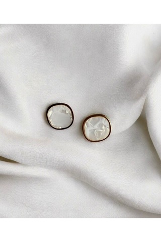 Çelik Beyaz Dalgalı Altın Çerçeveli Kadın Küpe Sevgiliye Hediye Gold