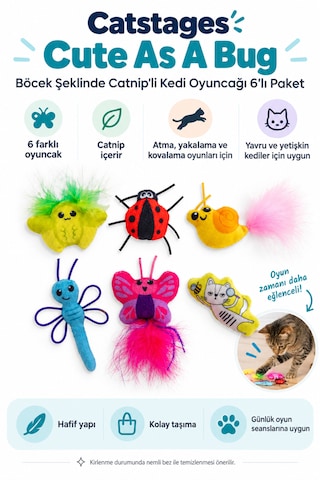 Petstages Cute As A Bug Böcek Şeklinde Catnip'li Kedi Çiğneme Oyuncağı 6'lı Paket
