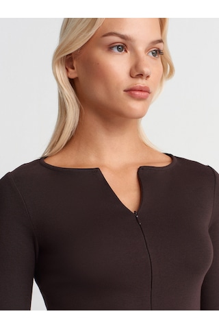 Dilvin 31993 Fermuar Detaylı Uzun Kollu Top-koyu Kahve Koyu Kahve