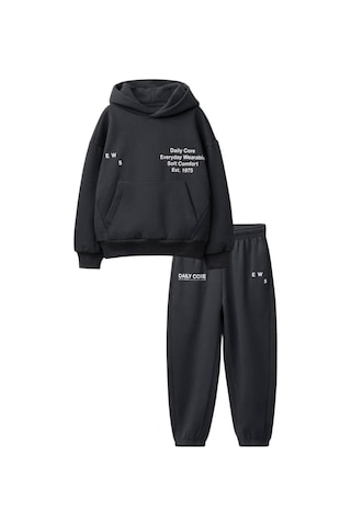 Magu Çocuk Pamuklu Daily Core Baskılı Siyah Kapüşonlu Sweatshirt Ve Eşofman Altı Takımı Çok Renkli