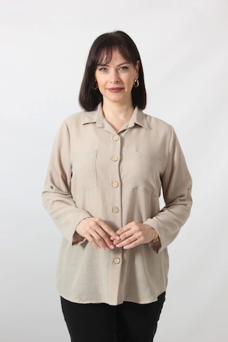 Moda Berray Bb-077 Bej Pamuk Keten Kolu Apoletli İki Cepli Kadın Büyük Beden Gömlek Bej