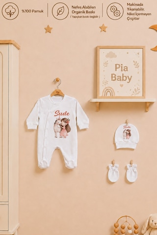 Pia Baby Kız Bebek İsme Özel Tulum Seti 4 Parça %100 Pamuk Organik Baskılı Hastane Çıkışı Battaniyeli Set 1105bt0x Ekru