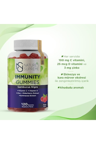 Natures Supreme Immunity Gummies 120 Çiğnenebilir Form Ahududu