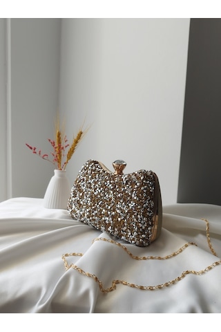 Vivazzaluxe Kristal Taşlı Kadın Abiye, Clutch Çanta Altın