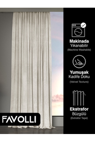 Br Favolli Kadife Dokulu Ekru Ada Fon Perde Ekstrafor Büzgülü Dream Series Ekru