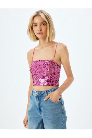 Koton Abiye Crop Bluz Pullu Payetli İp Askılı Slim Fit Pembe 5wak60015fk
