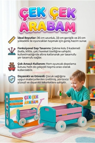 Çek Çek Arabam 4 Tekerli Katlanabilir Taşıma Ve Depolama Amaçlı Kullanılabilir Oyuncak Pembe Araba