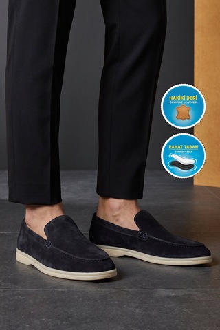 Komcero Lacivert Hakiki Deri Şık Rahat Espadril Erkek Casual Ayakkabı Loafer 6k020-217
