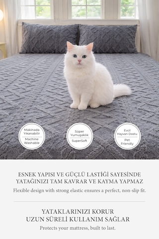 Süper Yumuşak Jakar Kadifemsi Peluş Lastikli Fitted Çarşaf Seti Kaymaz Tek/çift Kişilik Antrasit Koyu Gri