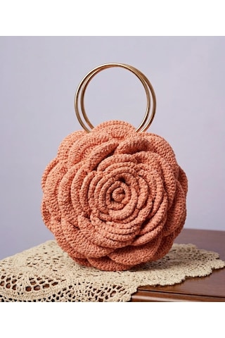 Vintage Esintili 3d Gül Motifli Halka Saplı El Çantası Açık Pembe