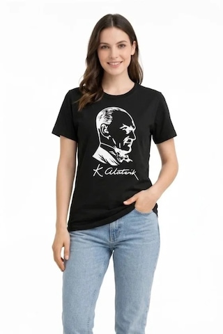 Modi Atatürk Baskılı Tişört Kısa Kollu Bisiklet Yaka T-shirt - Siyah Açık Siyah