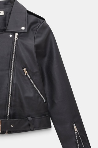 Sââde Kadın Relax Fit Gömlek Yaka Kemerli Cepli Suni Deri Biker Crop Ceket - Fermuar Detaylı Siyah