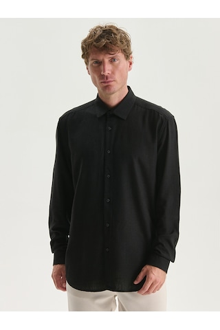 Lcw Vision Siyah Slim Fit Uzun Kollu Keten Karışımlı Erkek Gömlek
