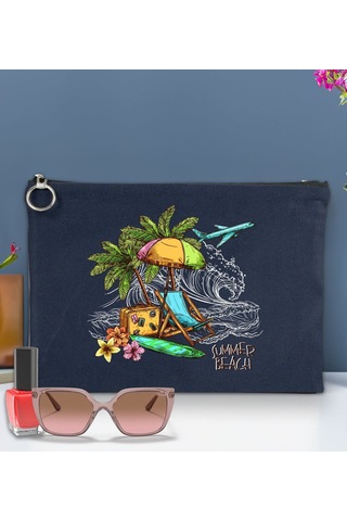 Bk Gift Yaz Temalı-9 Astarlı Lacivert Portföy Çanta 30x21cm, Baskılı El Çantası, Organizer Çanta