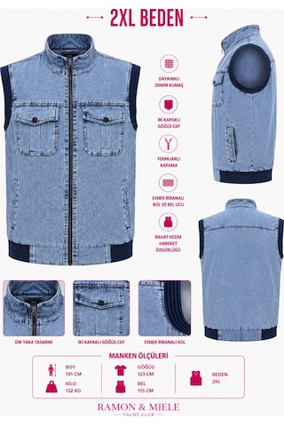 Büyük Beden Denim Dik Yaka Fermuarlı Cepli Bomber Erkek Yelek Mavi