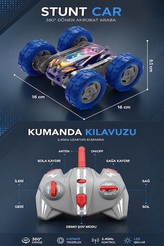360 Dönebilen Akrobat Uzaktan Kumandalı Araba Şarjlı Çift Taraflı Stunt Car Led Işıklı Oyuncak Araba Mavi