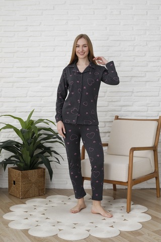 Fames Pijama Uzunkol Düğmeli Penye Pijama Takimi Kalpli Pembe