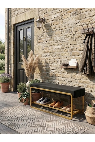Line Modern Bench Puf Gold Metal 120 Cm - Antre, Giriş Holü, Ofis İçin Şık Dekoratif Bench Siyah