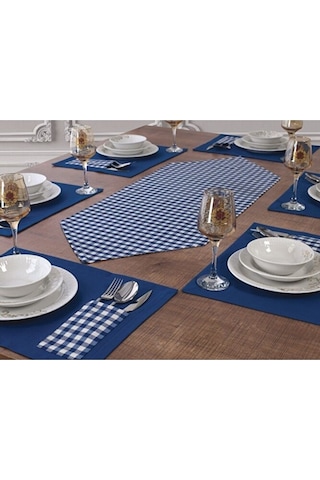 Amerikan Servis Ekose Mavi 6lı Supla Ve Runner Set Ve 6 Adet Pamu Mavi