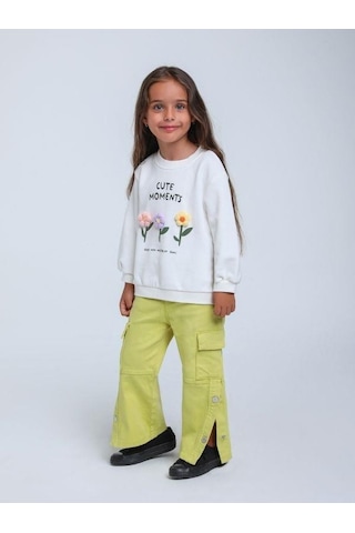 Kız Çocuk Örgü Çiçek Desenli Sweatshirt-14297 Beyaz