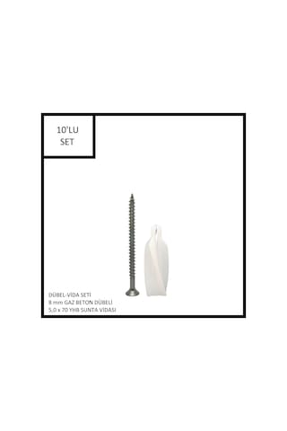 Dübel-vida Seti, Gaz Beton Ytong Dübeli 8 Mm, 5,0x70 Yhb Sunta Vidası, 10 Adet