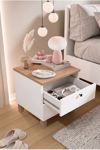 Robin Home Alaska Komodin 2'li Komodin Seti Çekmeceli Ahşap Ayaklı Sepet-beyaz