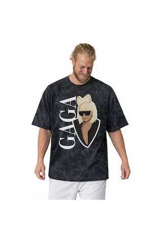 Sevbano Tasarım Lady Gaga Şarkıcı Baskılı Unisex Oversize Vintage Yıkamal Siyah