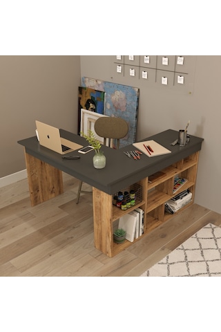 Robinhome Robin Home Boston Kitaplık Raflı Çalışma Masası Çam-Gri