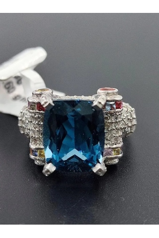 925 Gümüş Mavi Topaz Elmas Tasarım Yüzük 308