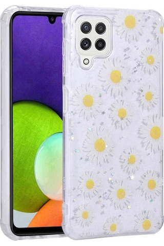 Galaxy M32 Kılıf Simli Desenli Kamera Korumalı Parlak Zore Popy Kapak Papatya