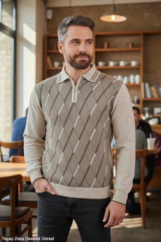 Kamalı Erkek Krem Tüylenme Yapmayan Anti Pilling Kumaş Standart Fit Normal Kesim Polo Yaka Triko Kazak Taş
