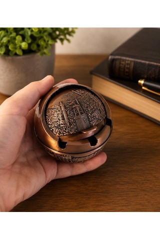 Kapaklı Metal Küllük Açılır Kapanır Dekoratif Masa Üstü Küllük Vintage Bakır 7.5 Cm