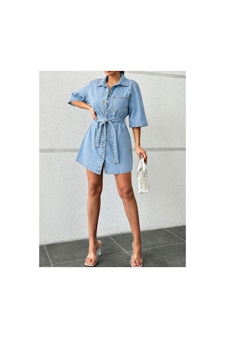 Kene Jeans Kuşaklı Taş Full Düğme Kapamalı Kısa Kot Elbise Taş