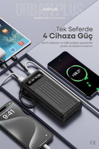 10000mah Powerbank Dahili Kablolu, Lcd Ekranlı, Led Lambalı, Taşınabilir Şarj Cihazı Siyah
