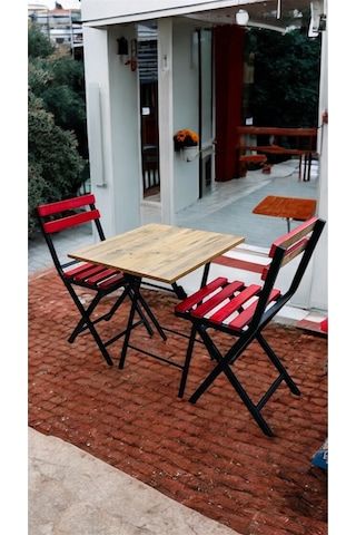 Balkon Bahçe Mutfak 3'lü Bistro Set Katlanır Masa Sandalye 60x60 Kırmızı