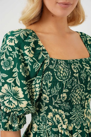 Kare Yaka Prenses Kol Önü Gipeli Yanları Yırtmaçlı Çiçek Desenli %100 Pamuk Midi Boy Viskon Elbise Yeşil
