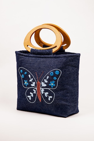 Fabric Craft Bag El Çantası Kot Kumaş Ahşap Saplı Kelebek Nakışlı İçi Astarlı Mıknatıslı 38x30 Cm Kot Lacivert