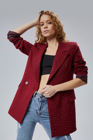 Bordo Regular Dokuma Astarlı Taş Detaylı Blazer Ceket Bordo