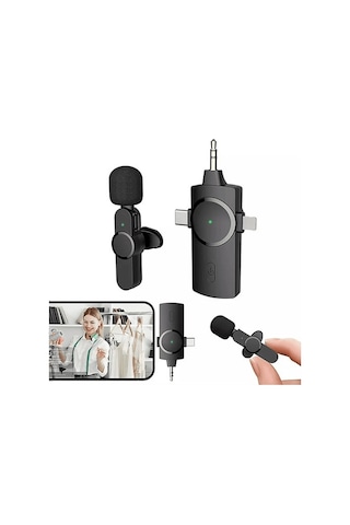 Daytona K9-C1 Wireless 3 IN 1 Kablosuz Type-C Lightning 3.5 MM Jak Tekli Yaka Mikrofonu Siyah