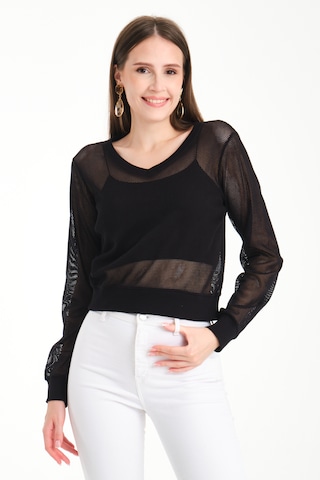 V Yaka Petek File Bluz Siyah